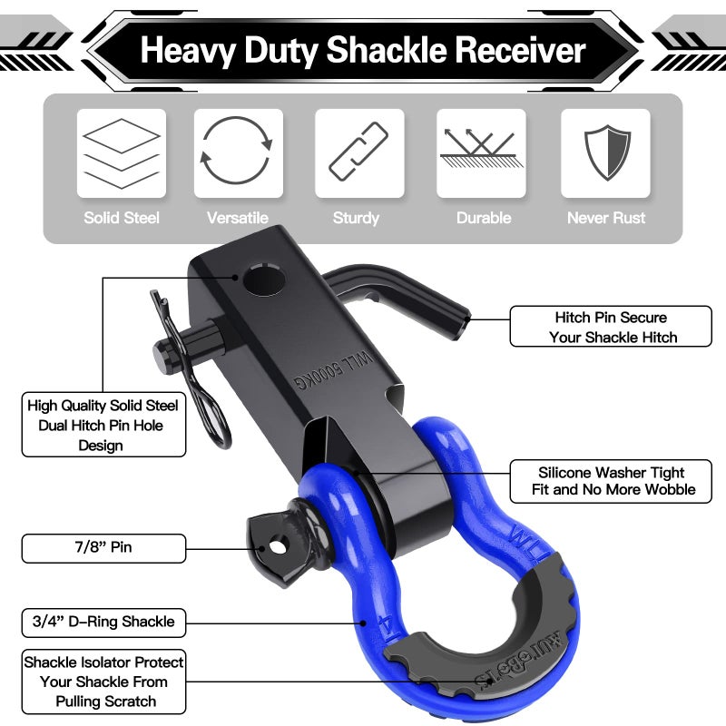 AUTOBOTS Shackle Hitch Receiver 2", 45,000 Lbs Break Strength Heavy Duty Receiver with 5/8" Screw Pin, 3/4" D Ring Shackles, Towing Accessories for Vehicle Recovery Off-Road, Blue&Black - Image 2